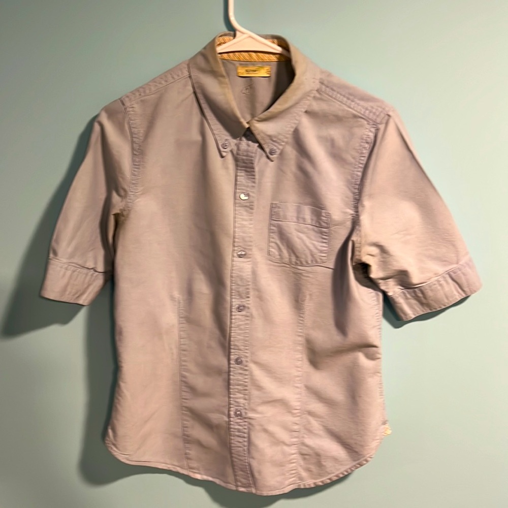 Blue 3/4 sleeve button down shirt.